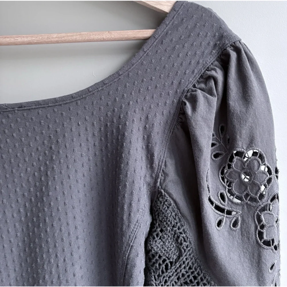 FREE PEOPLE Floral Lace Embroidered Swiss Dot Brunch Date Top Gray Romantic S